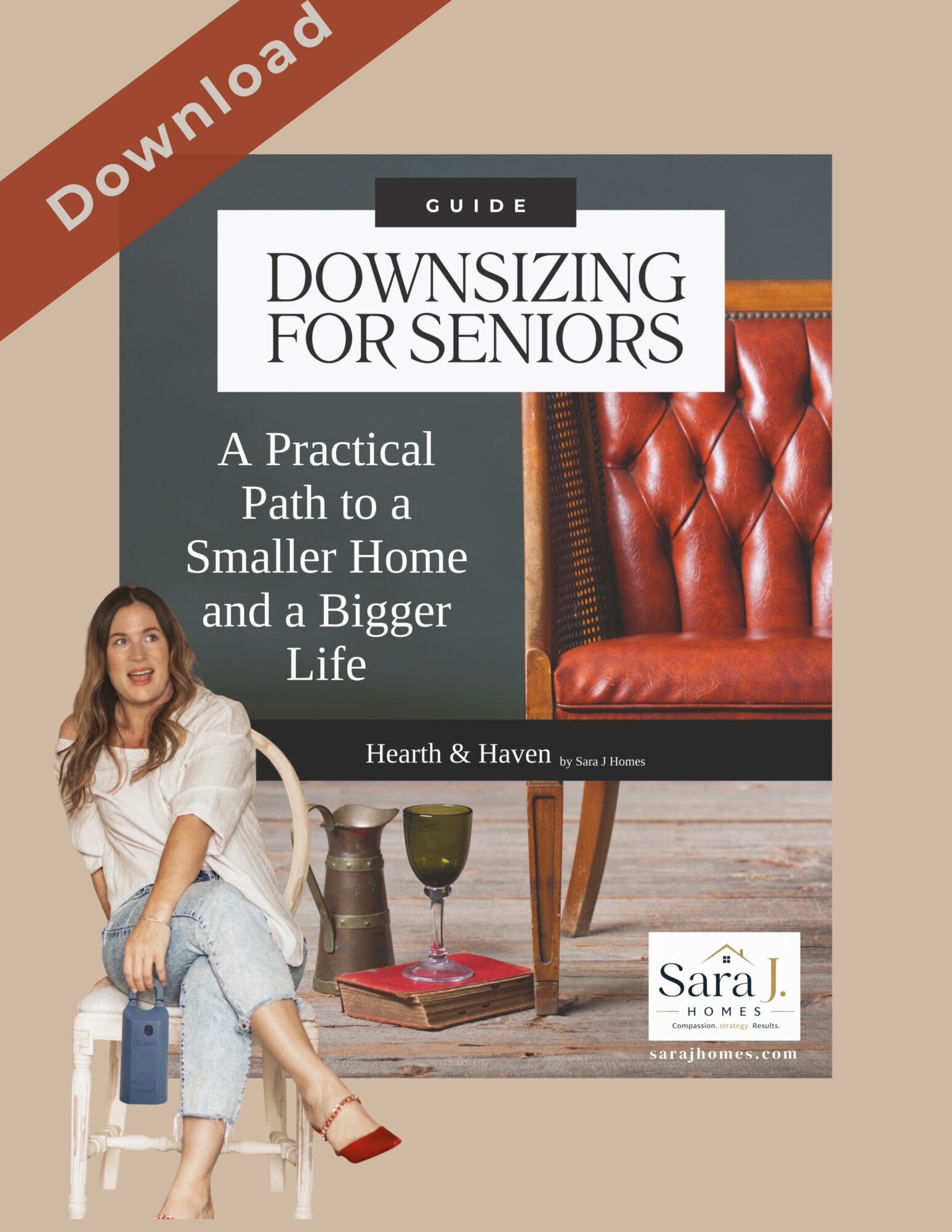 Guidebook titled 'Downsizing for Seniors' with a woman sitting on a chair, a red chair, and a glass of wine on a table.