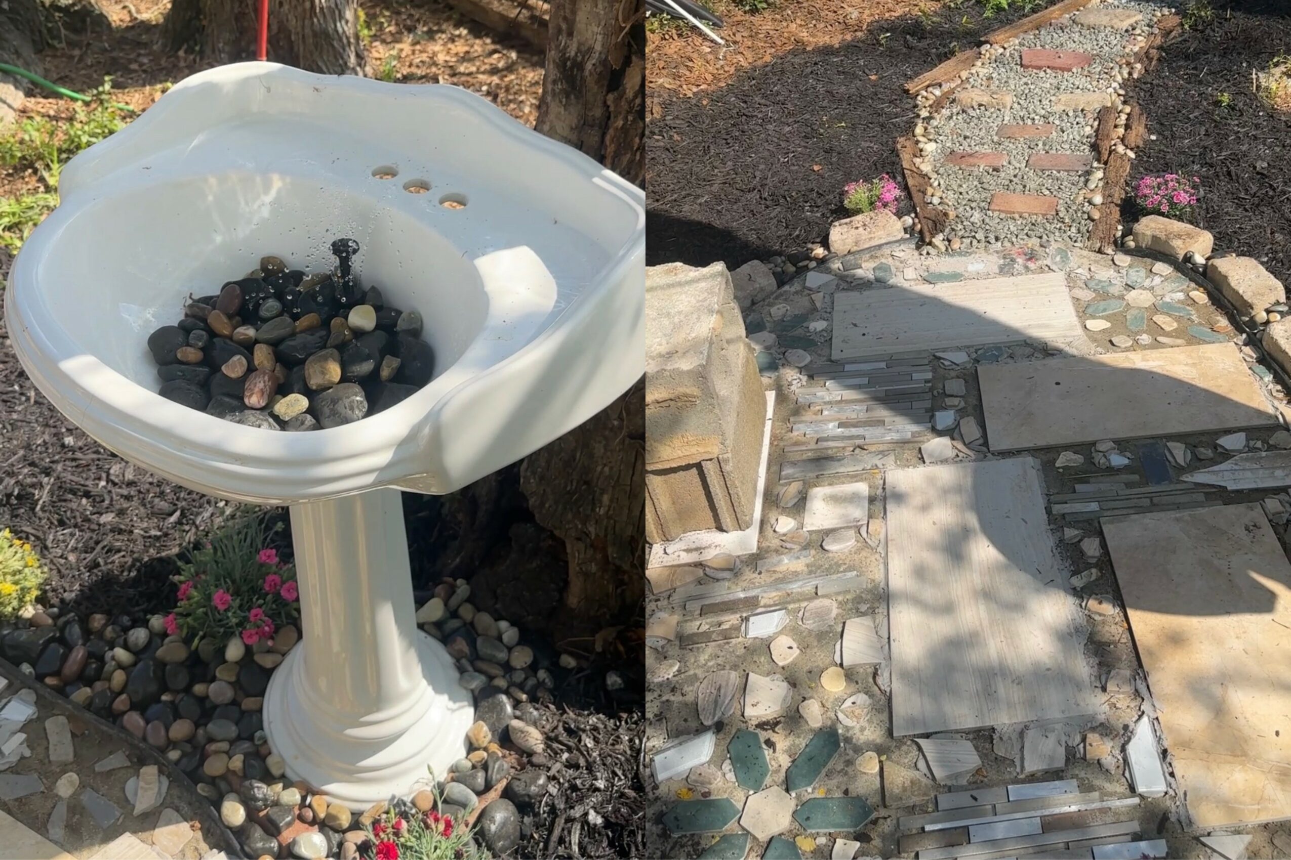 Birdbath with rocks inside, surrounded by garden stones and a paved pathway, in sunlight.