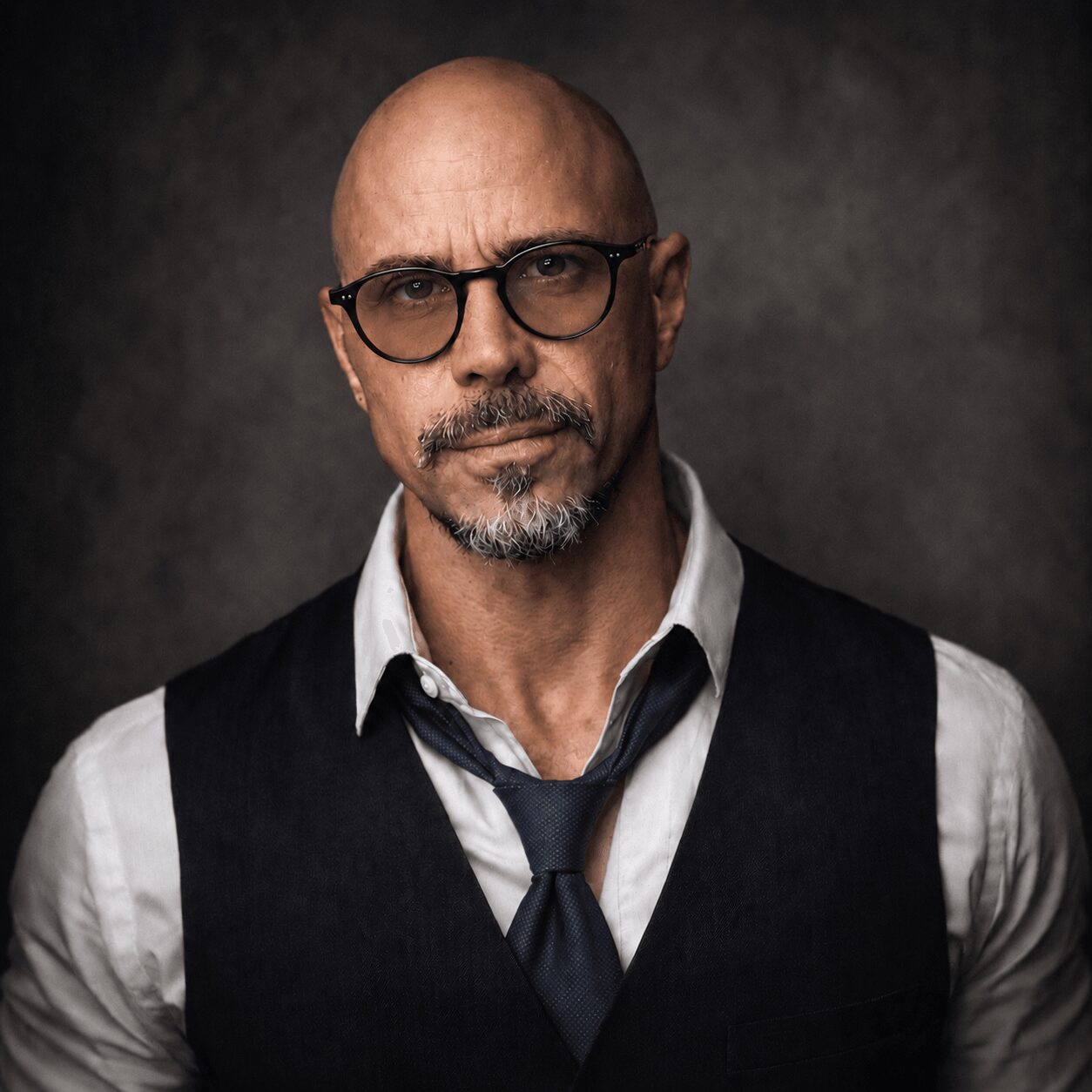 Bald man with glasses, wearing a white shirt, black vest, and tie, looking serious against a dark background.
