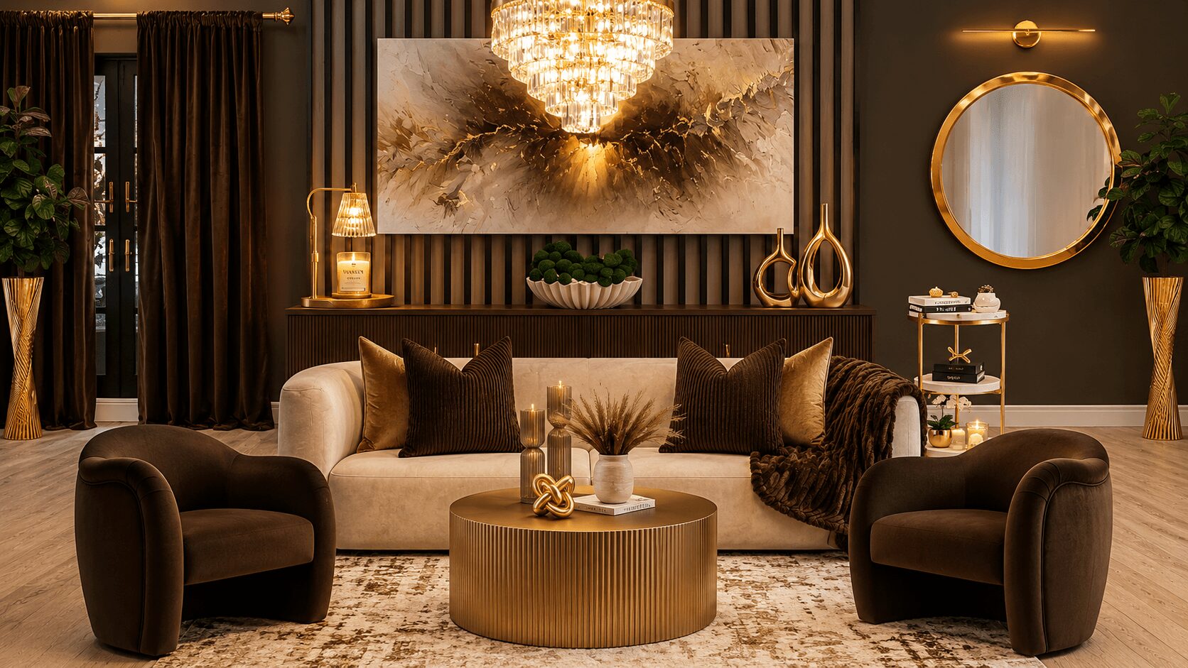 Living room with a chandelier, sofa, two armchairs, round coffee table, wall mirror, and decorative items.