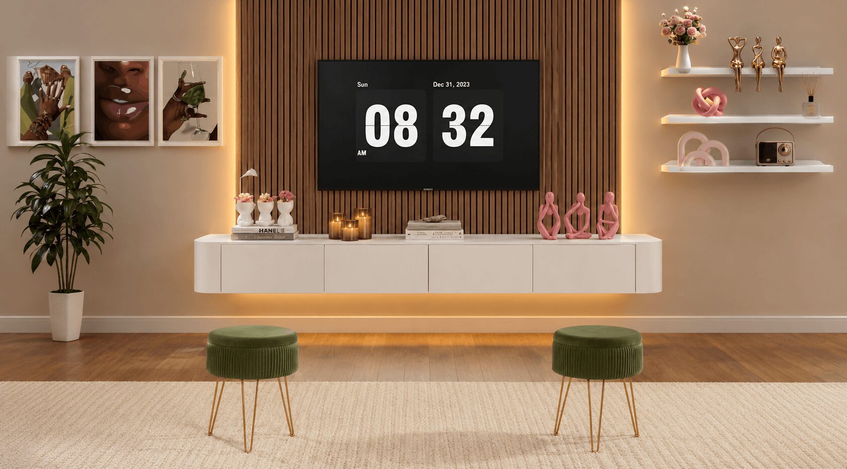 Living room with a wall-mounted TV, white console, two green stools, and decorative shelves with ornaments.