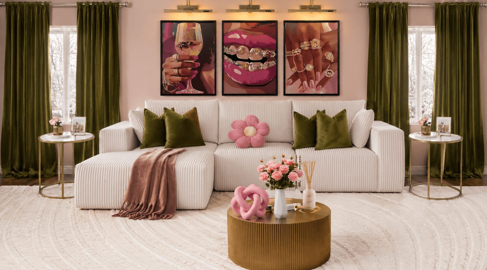 Living room with white sofa, green curtains, wall art, and a round coffee table with flowers and decorative items.