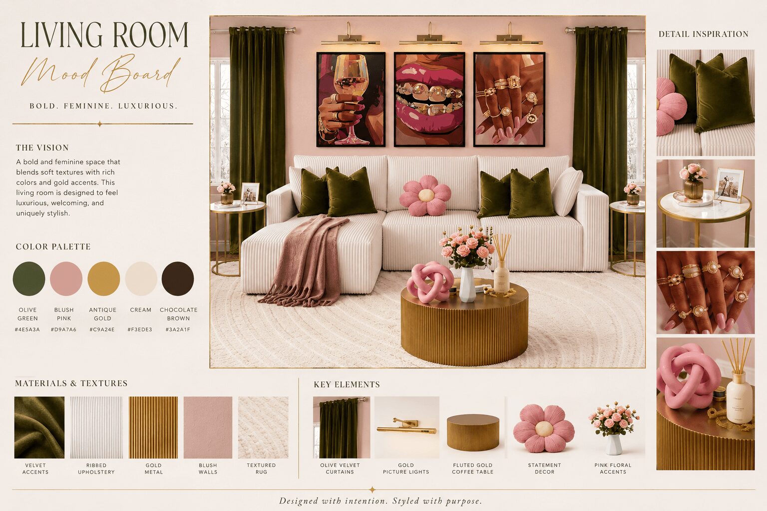 Living room with white sofa, pink and green decor, floral artwork, and pink flower accents, with a round ottoman and side tables.