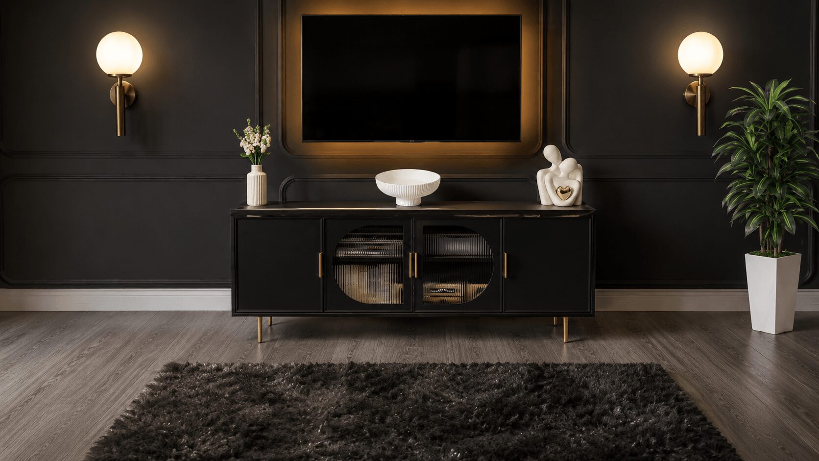 Living room with black wall, TV, black console, two wall lamps, a plant, and a rug.