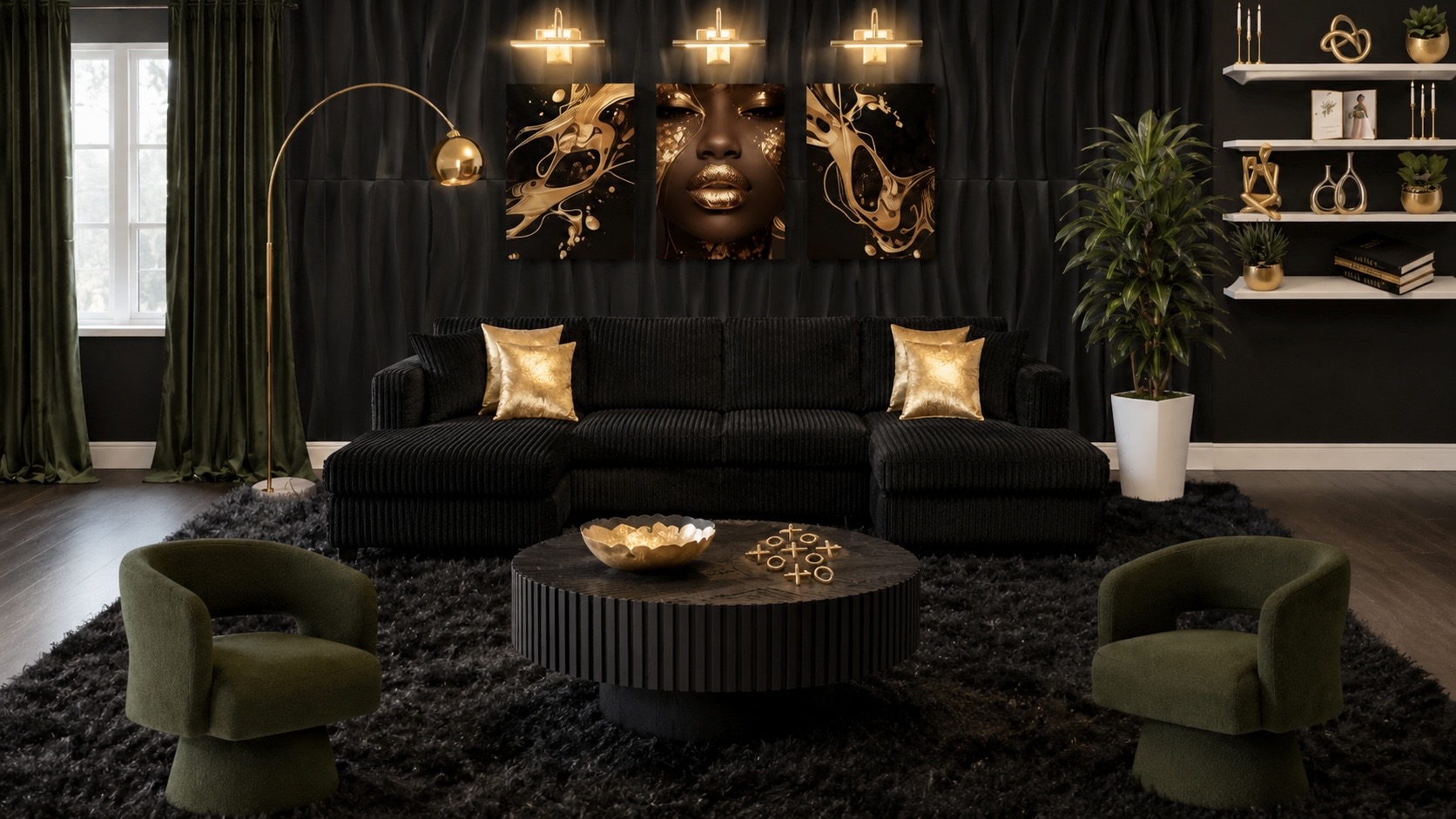 Living room with black sofa, two green chairs, gold accents, and a large artwork of a woman's face on the wall.