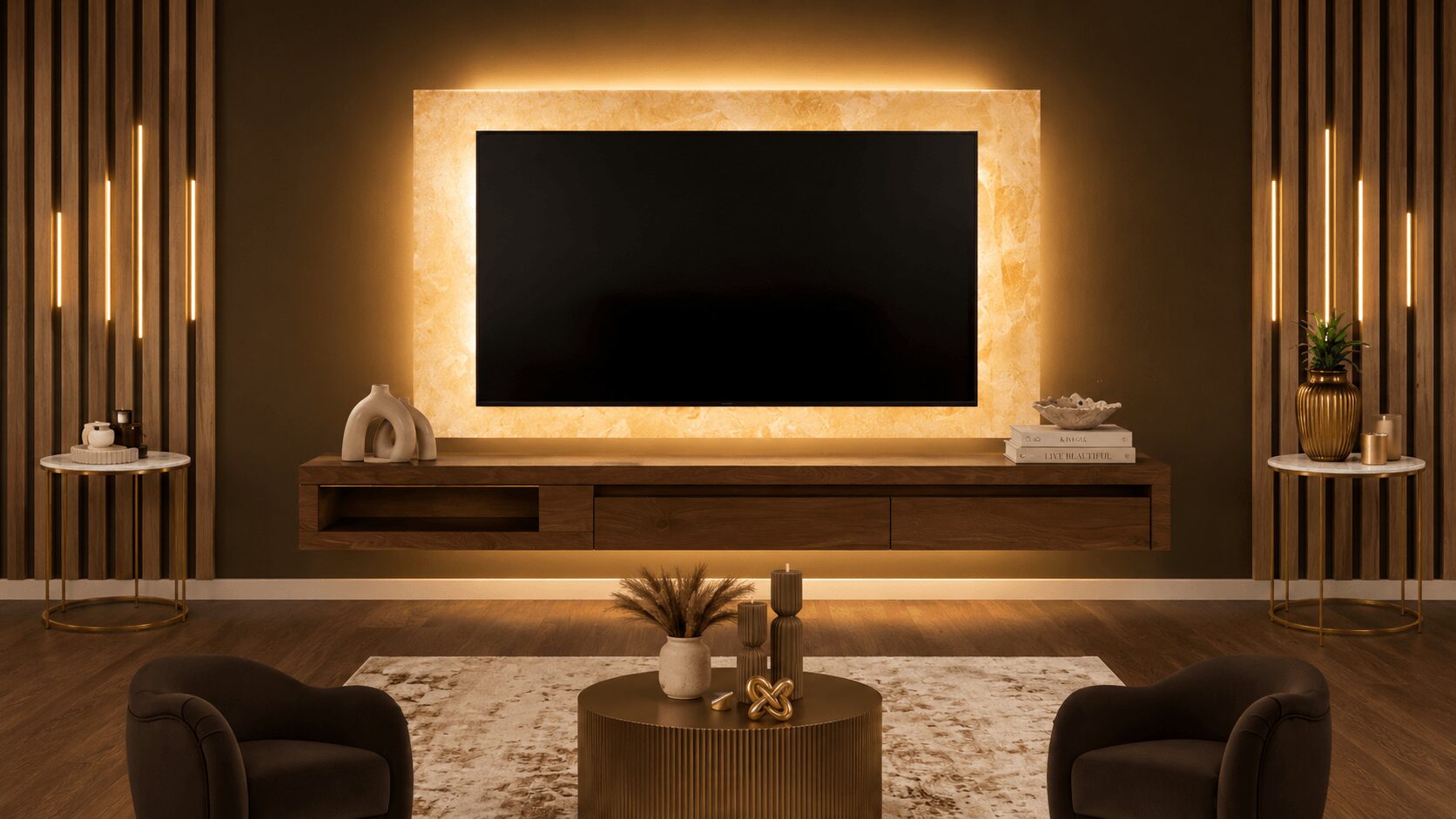 Living room with a large flat-screen TV on a wall with backlit frame, two side tables, and seating area.