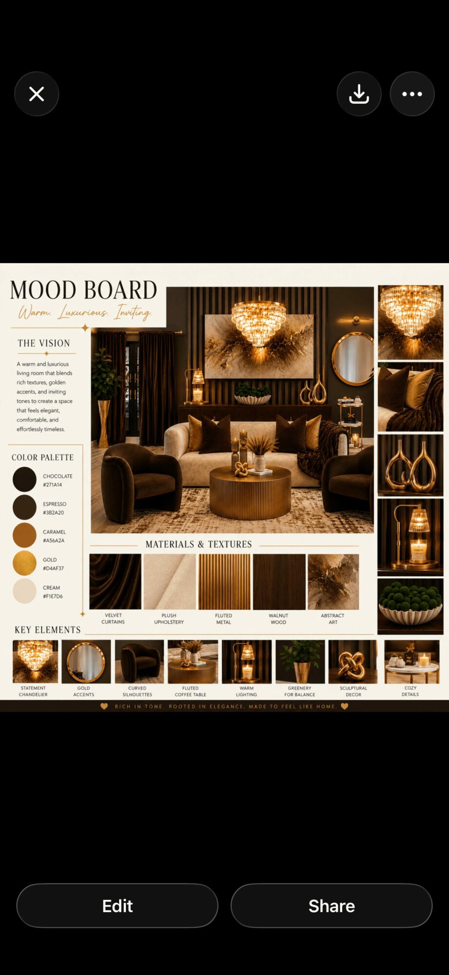 Mood board featuring living room decor, lighting, furniture, and color palette with warm tones and textures.