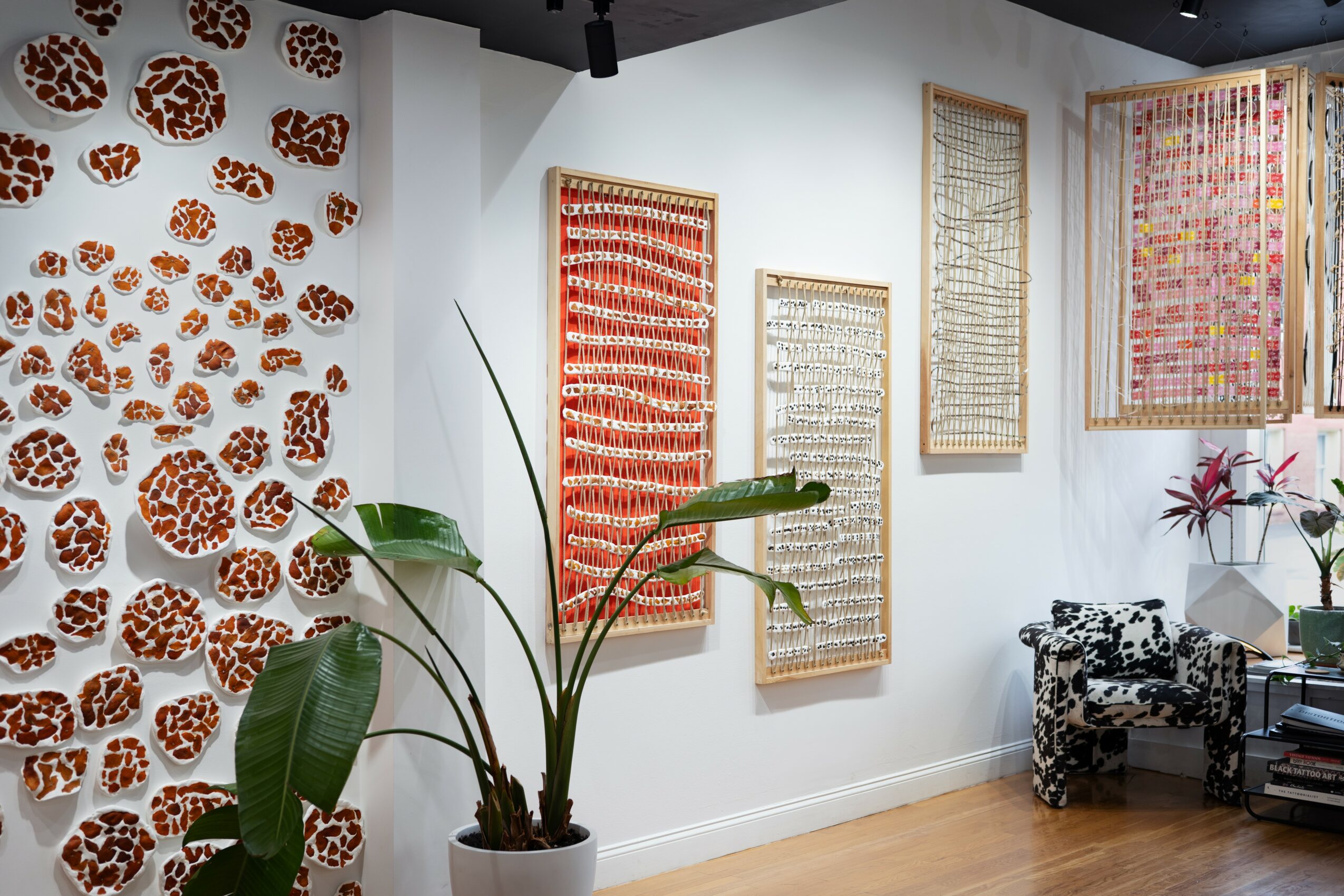Gallery wall with colorful woven art pieces, a large potted plant, and a small seating area with flowers and books.
