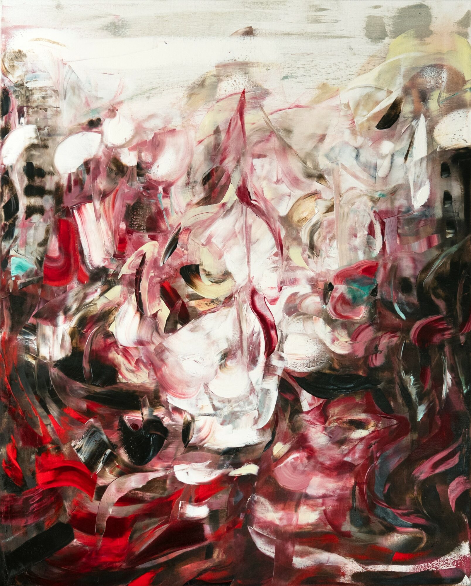 Abstract painting with swirling red, black, white, and pink colors, creating a dynamic, chaotic composition.