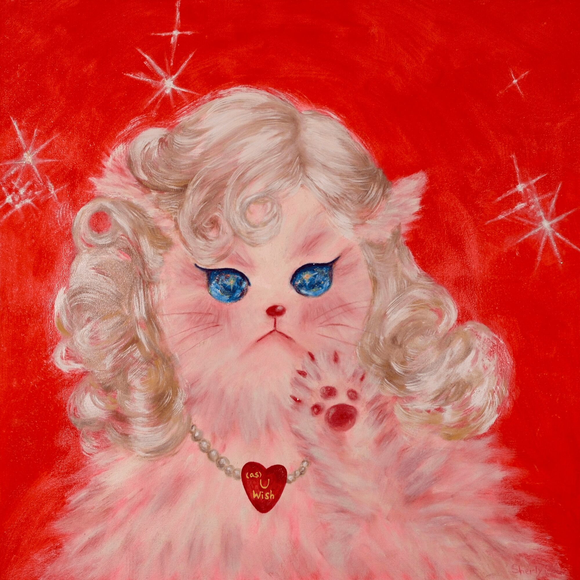 A fluffy cat with curly hair and blue eyes, wearing a heart-shaped necklace, against a red background with stars.