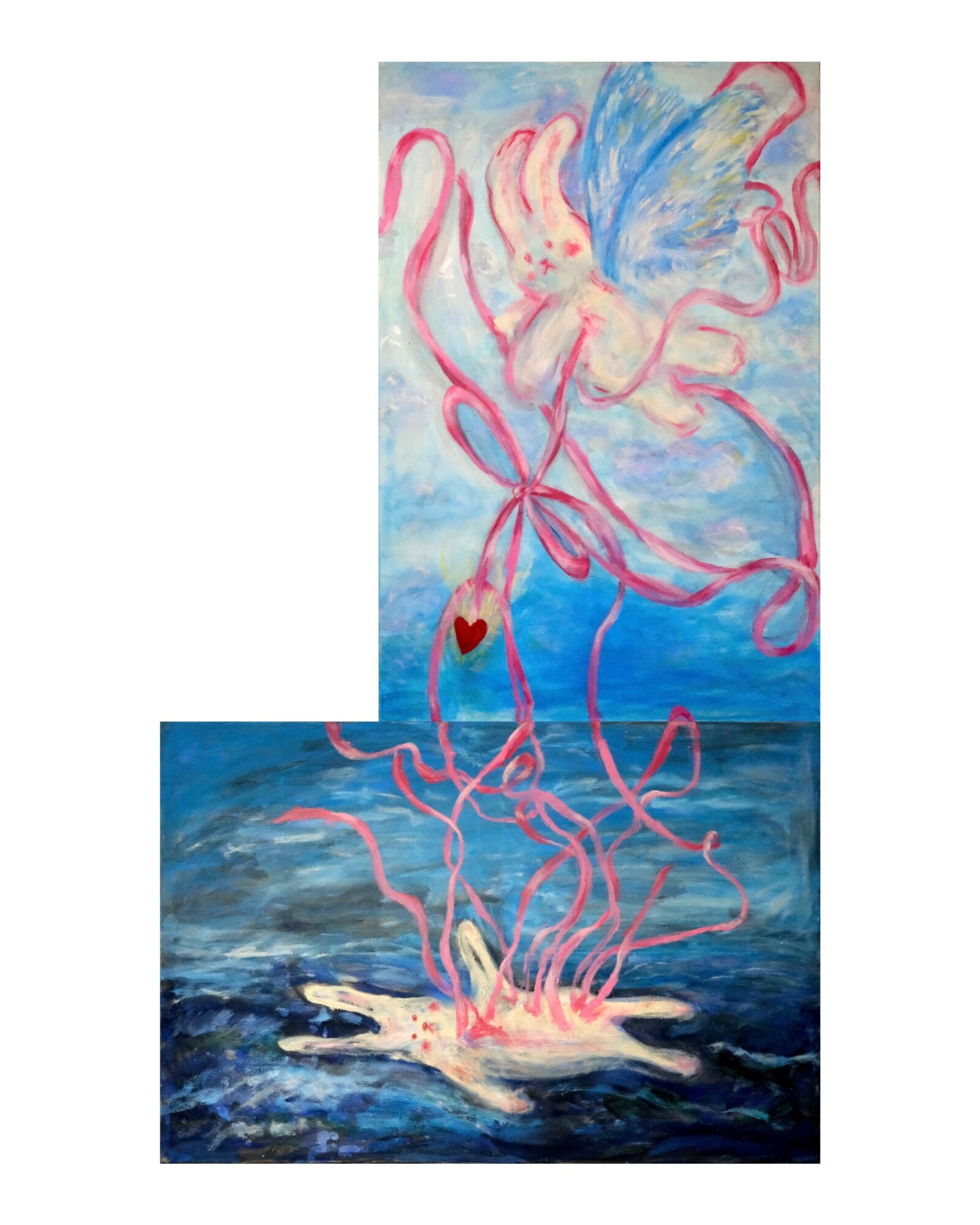 Two abstract paintings, one above the other, featuring colorful, flowing shapes and a blue background, with pink and red accents.