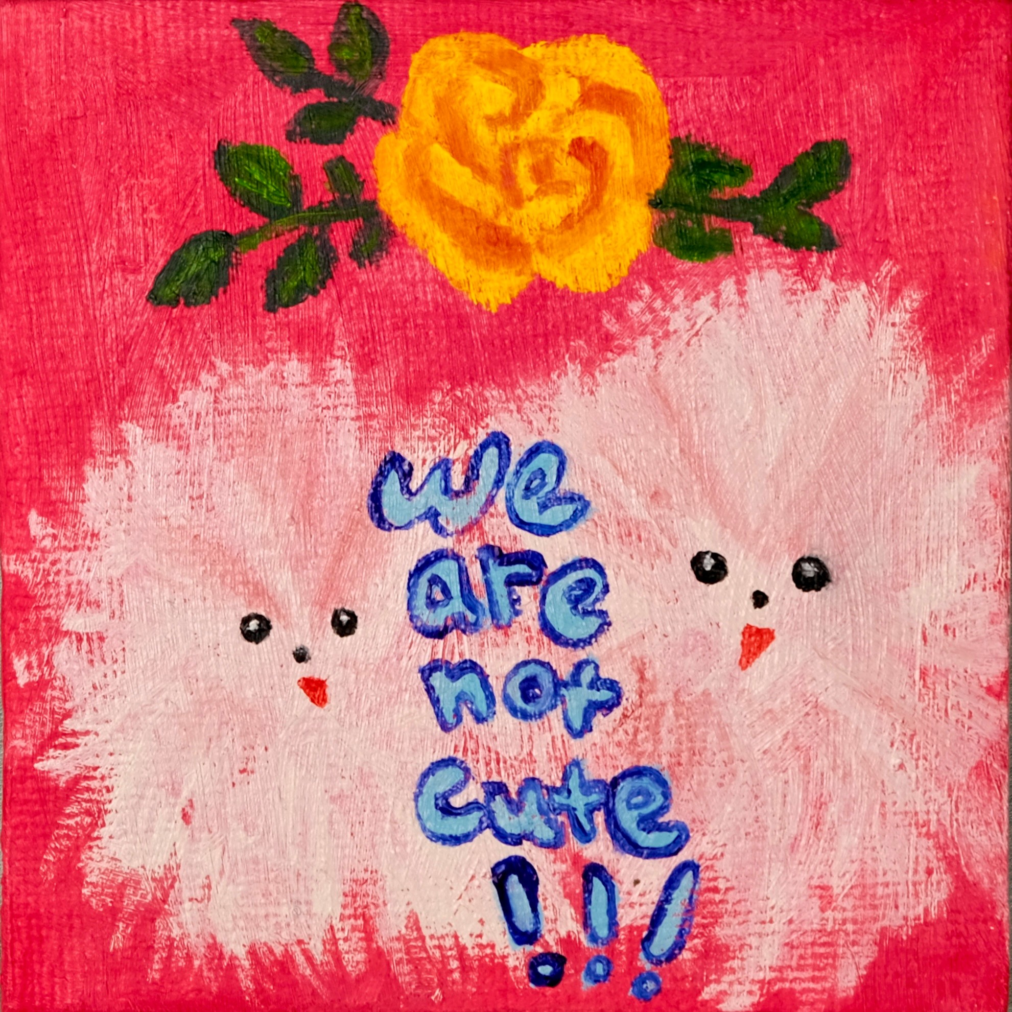 Pink background with a yellow flower and green leaves at the top, and a white fluffy cloud with smiling faces and text.