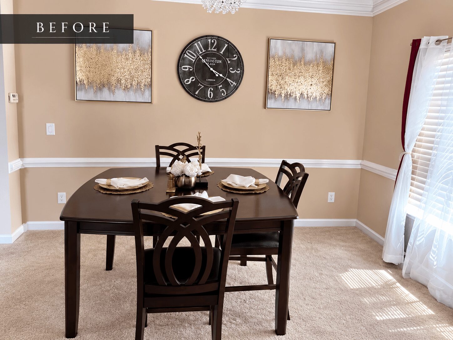 Dining room with a dark wooden table, four chairs, wall art, a clock, and a window with curtains.