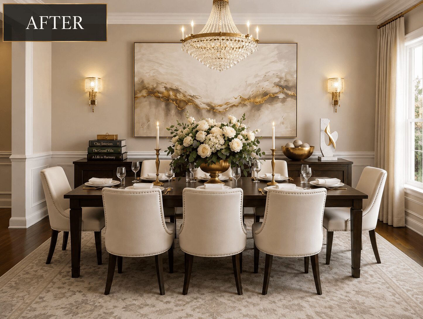 Elegant dining room with a large table, eight cream chairs, a chandelier, and a floral centerpiece, with wall sconces and artwork.