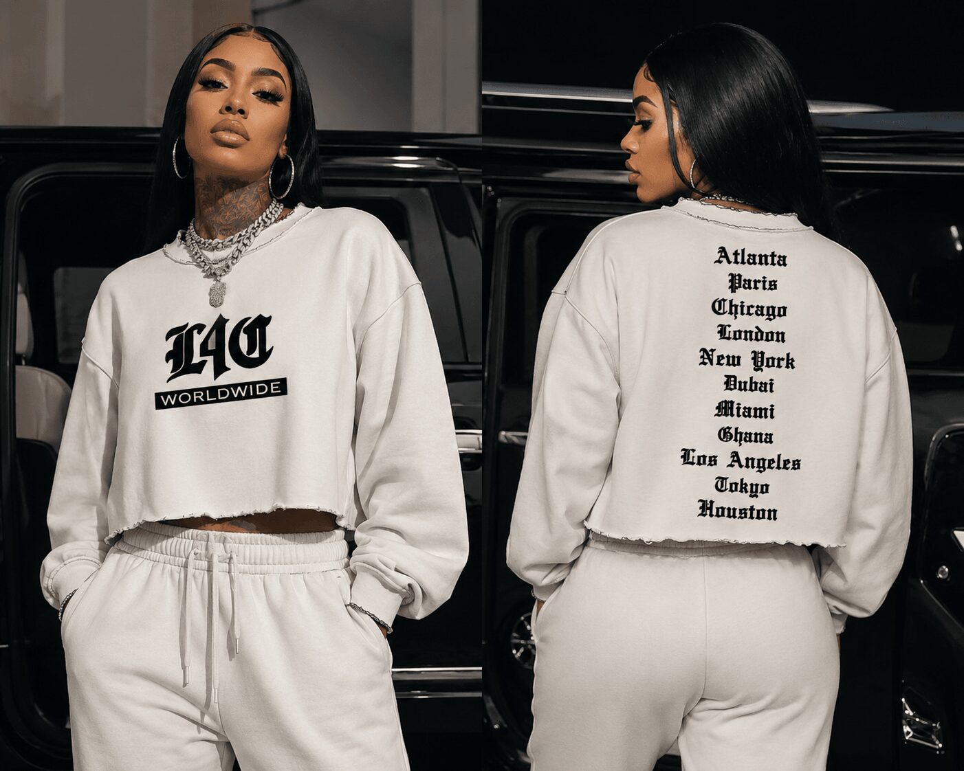 Two women in matching white sweatshirts and pants, standing in front of a black vehicle, one facing forward and the other showing back.