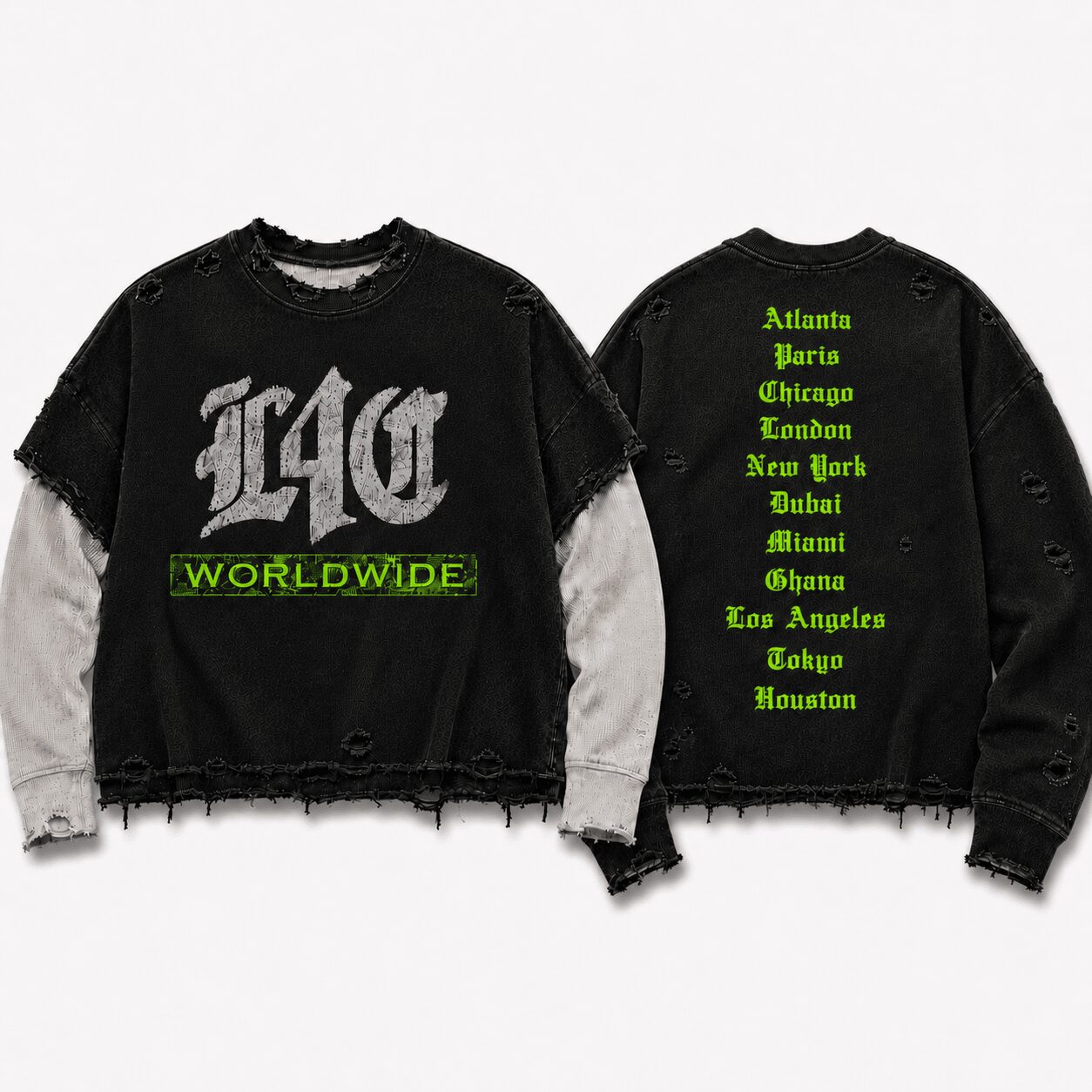Black distressed sweatshirt with gray sleeves, green text reading 'WORLDWIDE' and city names on the back, and large gray logo on front.