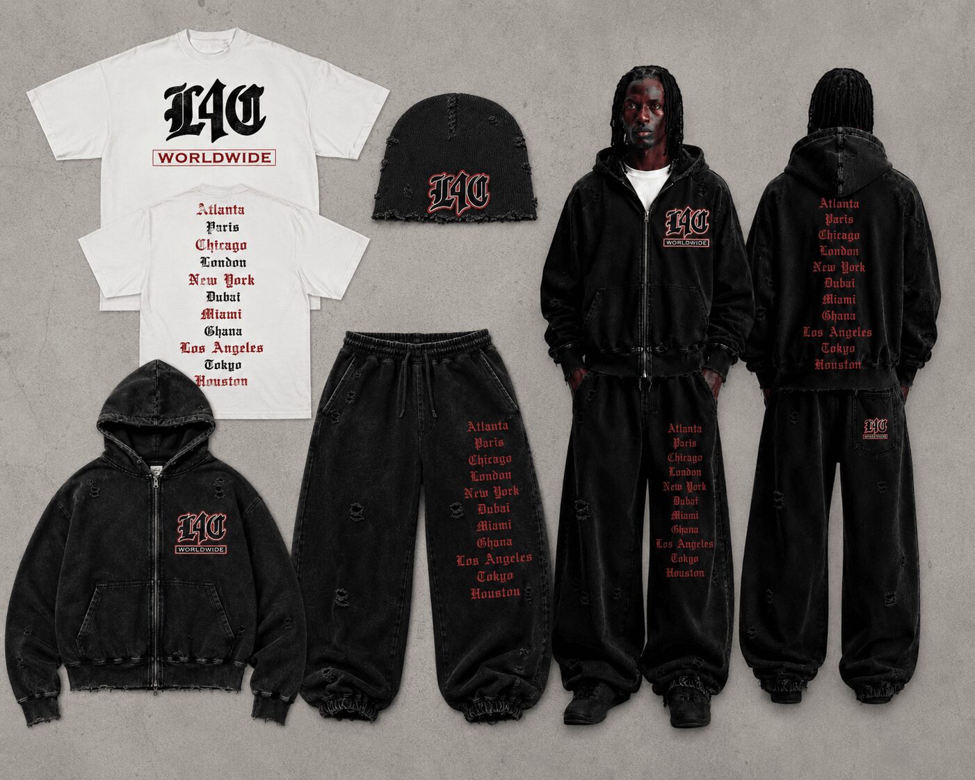 Collection of black clothing and accessories with red and white text, including hoodies, pants, a cap, and a t-shirt, on a gray background.