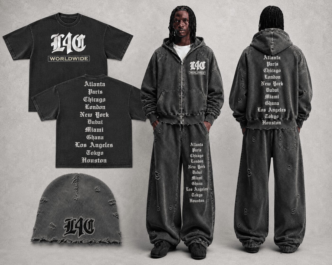 Black clothing set with white text, including a T-shirt, hoodie, pants, and a cap, displaying city names and 'LAG WORLDWIDE'.