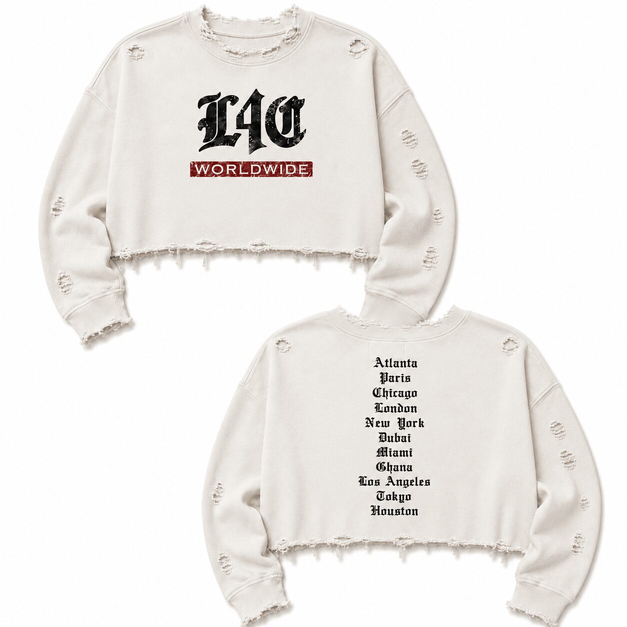 White distressed cropped sweatshirt with black and red text, list of cities on the back, and frayed edges.