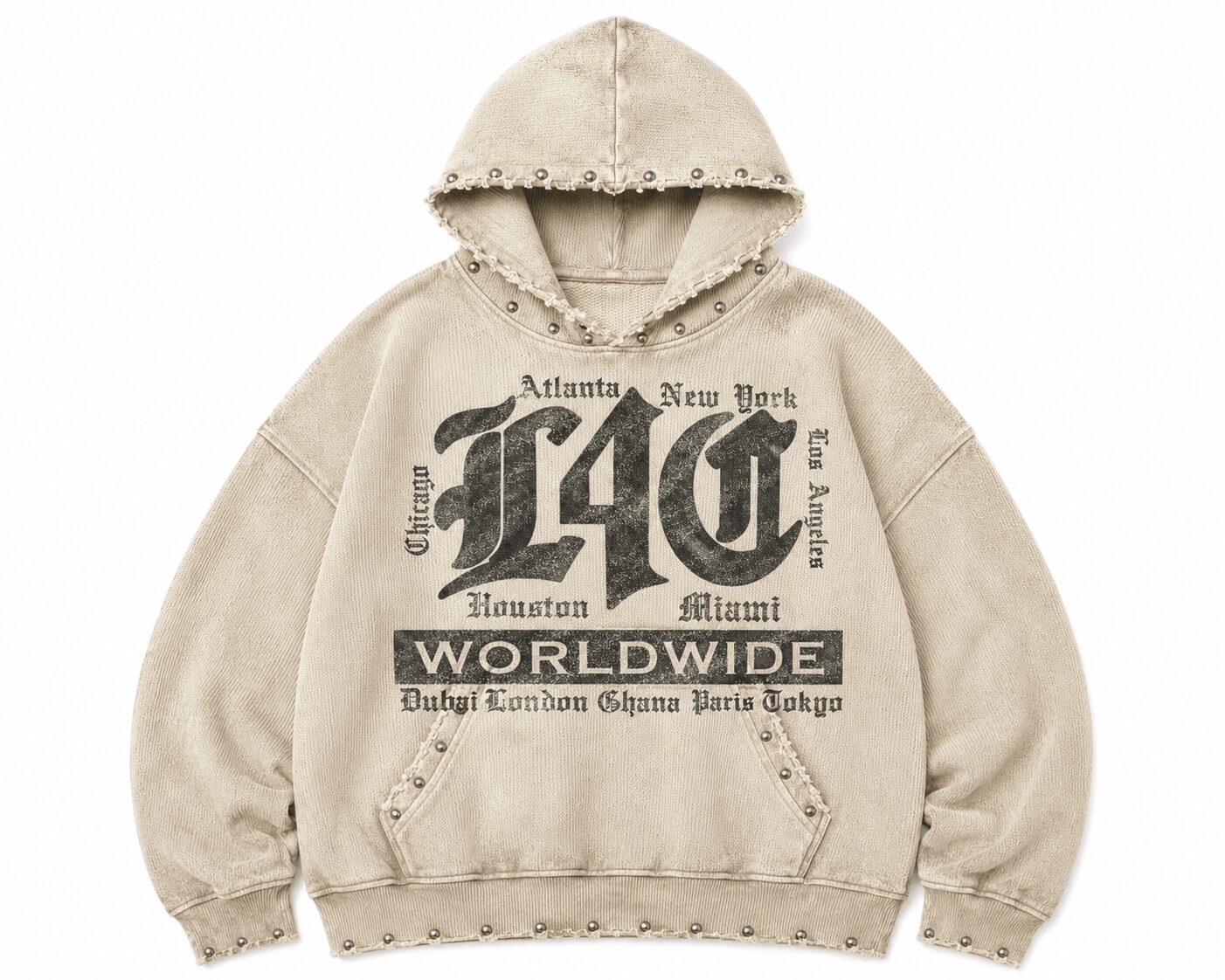 Beige hoodie with black text and graphics, including large letters and city names, on a white background.