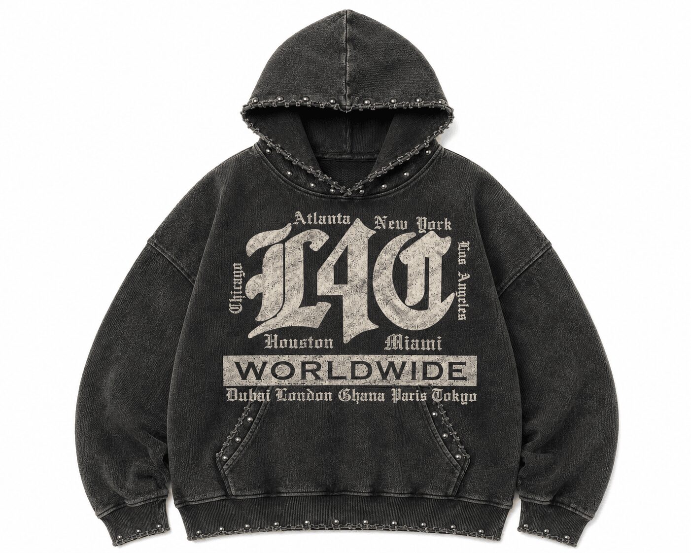 Black hoodie with large graphic text and city names, front view, plain white background.