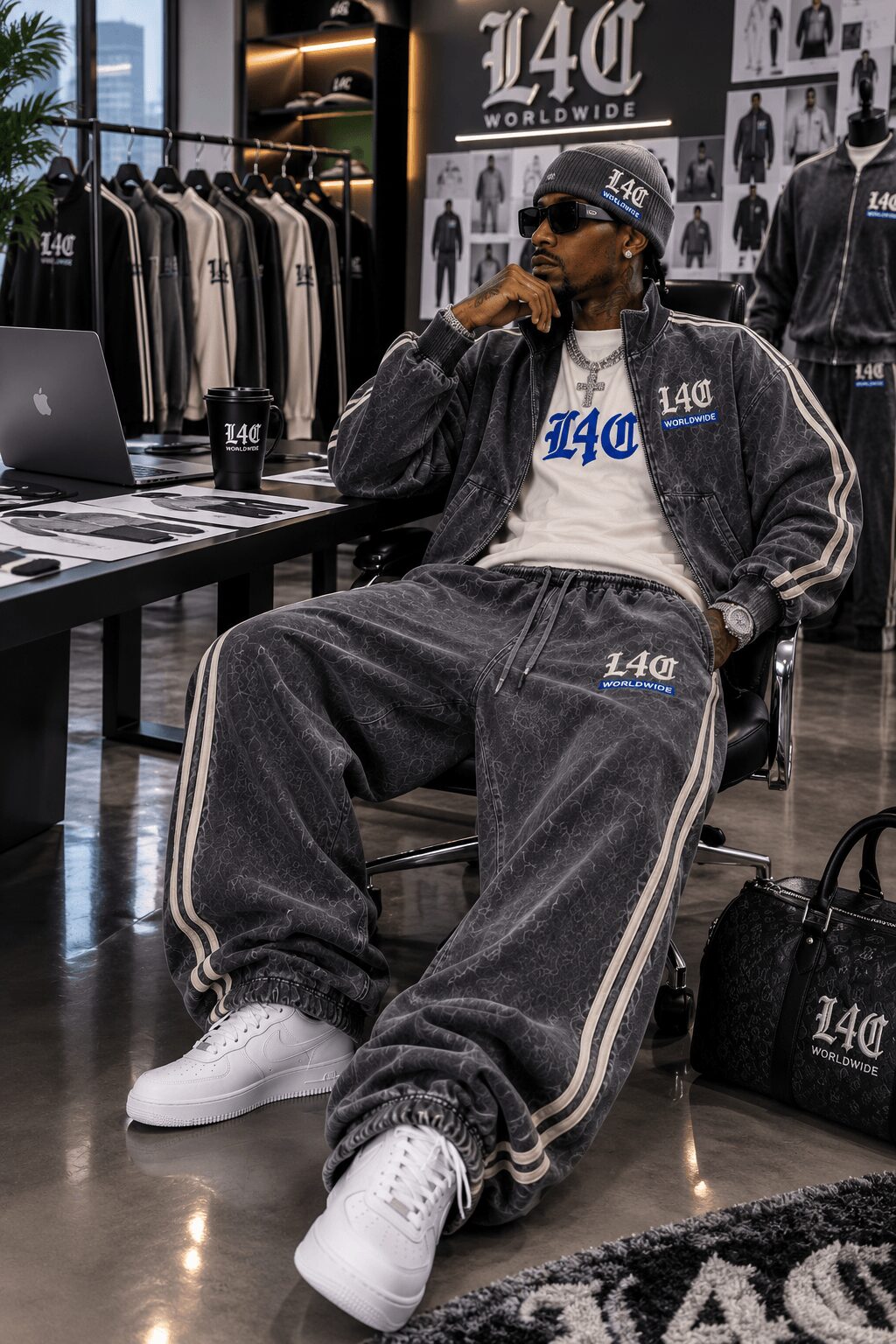 Person sitting in a store wearing gray tracksuit and white sneakers, surrounded by clothing and accessories, with a store display in the background.