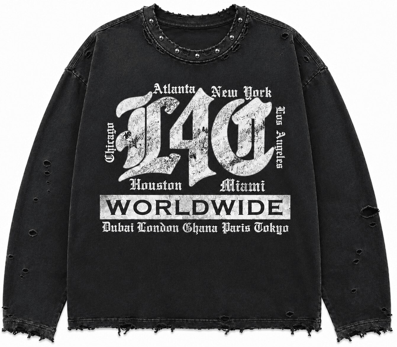 Black distressed sweatshirt with white text and graphics, including city names and 'WORLDWIDE' in bold, with a frayed hem.
