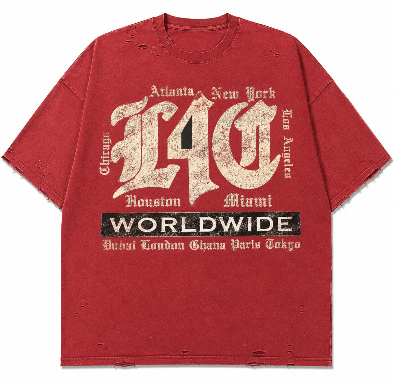 Red T-shirt with white and black text, listing cities and the word 'WORLDWIDE'.
