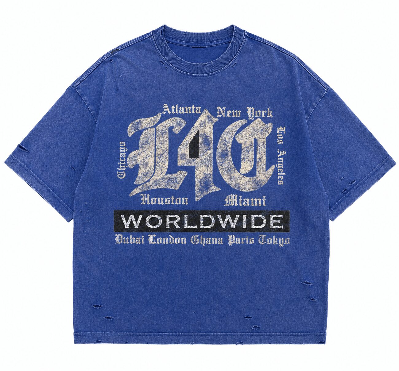 Blue oversized T-shirt with large printed text and city names, including Atlanta, New York, and London.