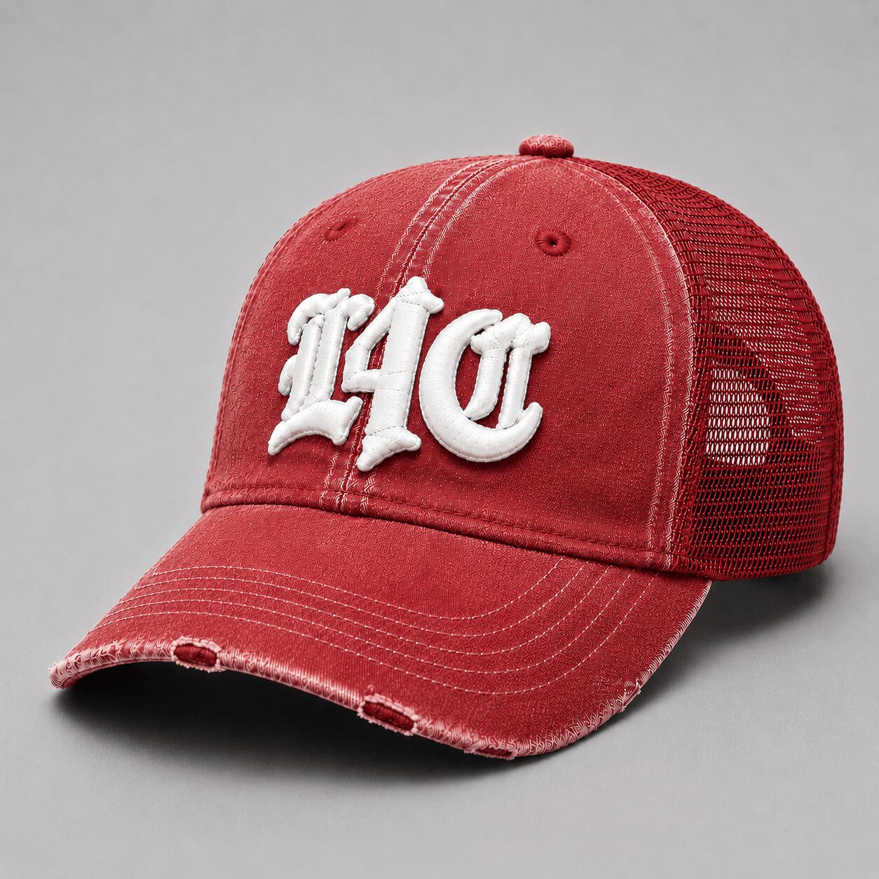 Red baseball cap with white embroidered letters, distressed brim, and mesh back, on a gray background.