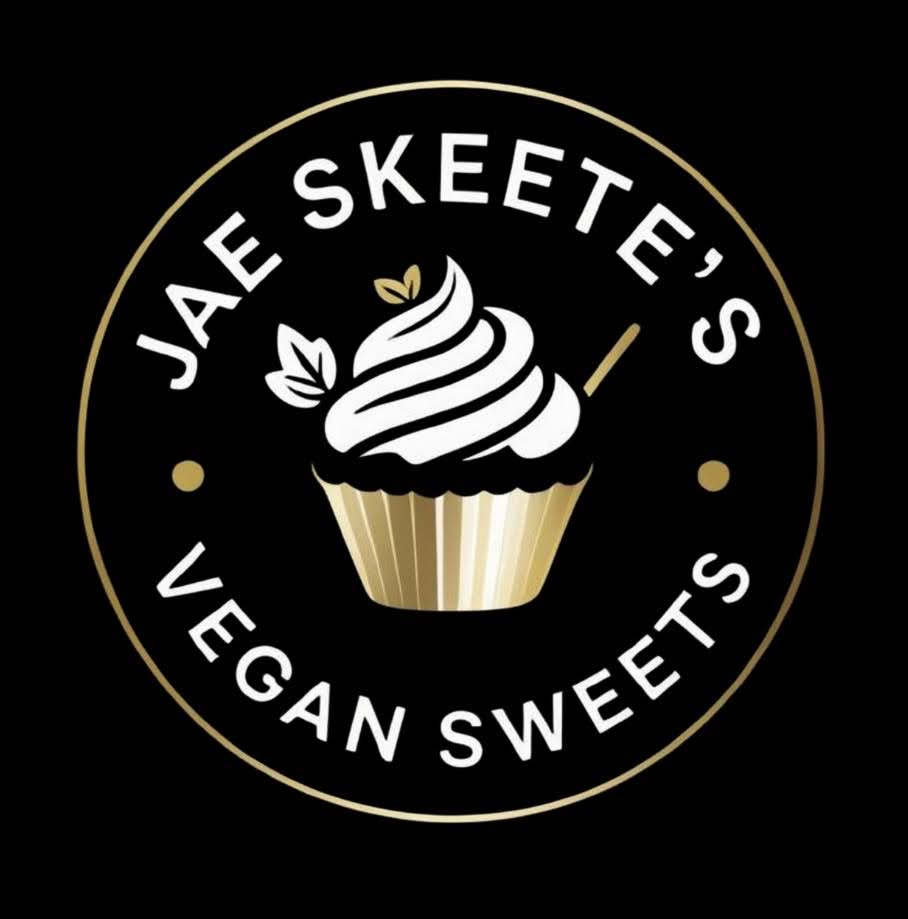 Logo with a cupcake, leaves, and text reading 'Jae Skeete's Vegan Sweets' in a circular design.