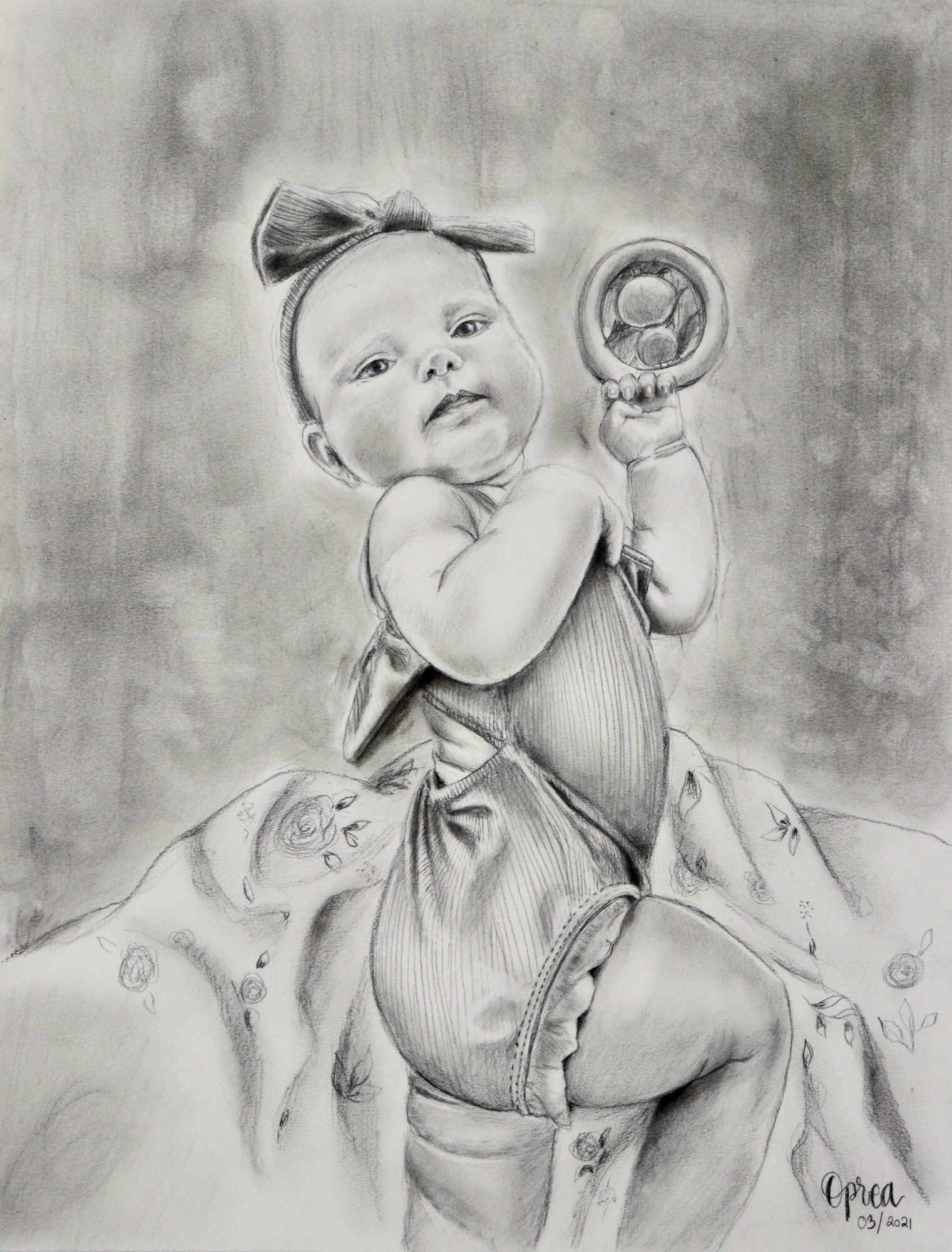 Child with a bow in hair holding a toy, sitting on a blanket, looking at the camera, in a grayscale drawing.