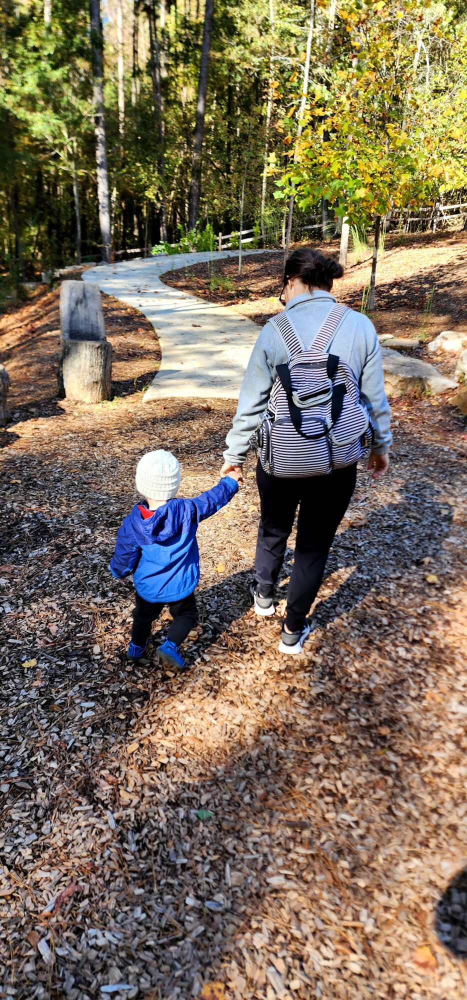 Adult and child walking on a dirt path in a park with trees and a bridge in the background.