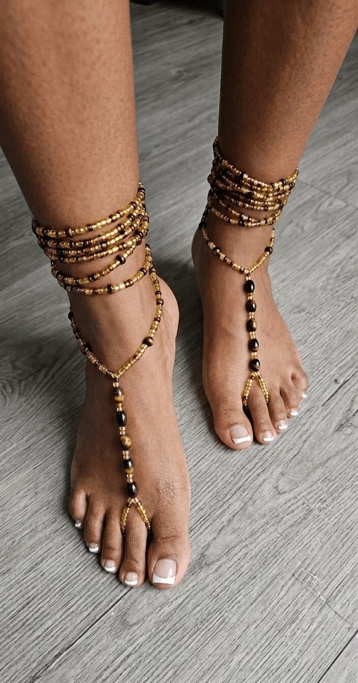 Person's feet with multiple gold and black beaded anklets on a wooden floor.