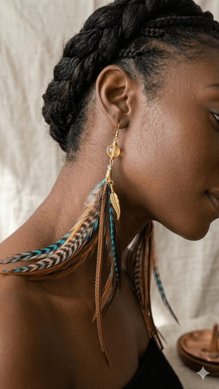Close-up of a woman with braided hair wearing a gold earring and feather necklace, side profile.