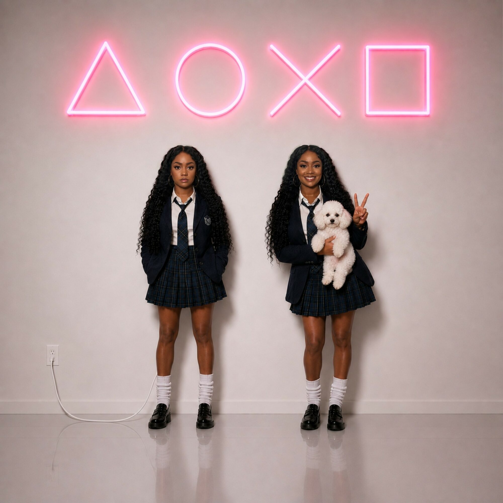 Two girls in school uniforms stand in front of a wall with pink neon symbols, one holding a teddy bear and making a peace sign.