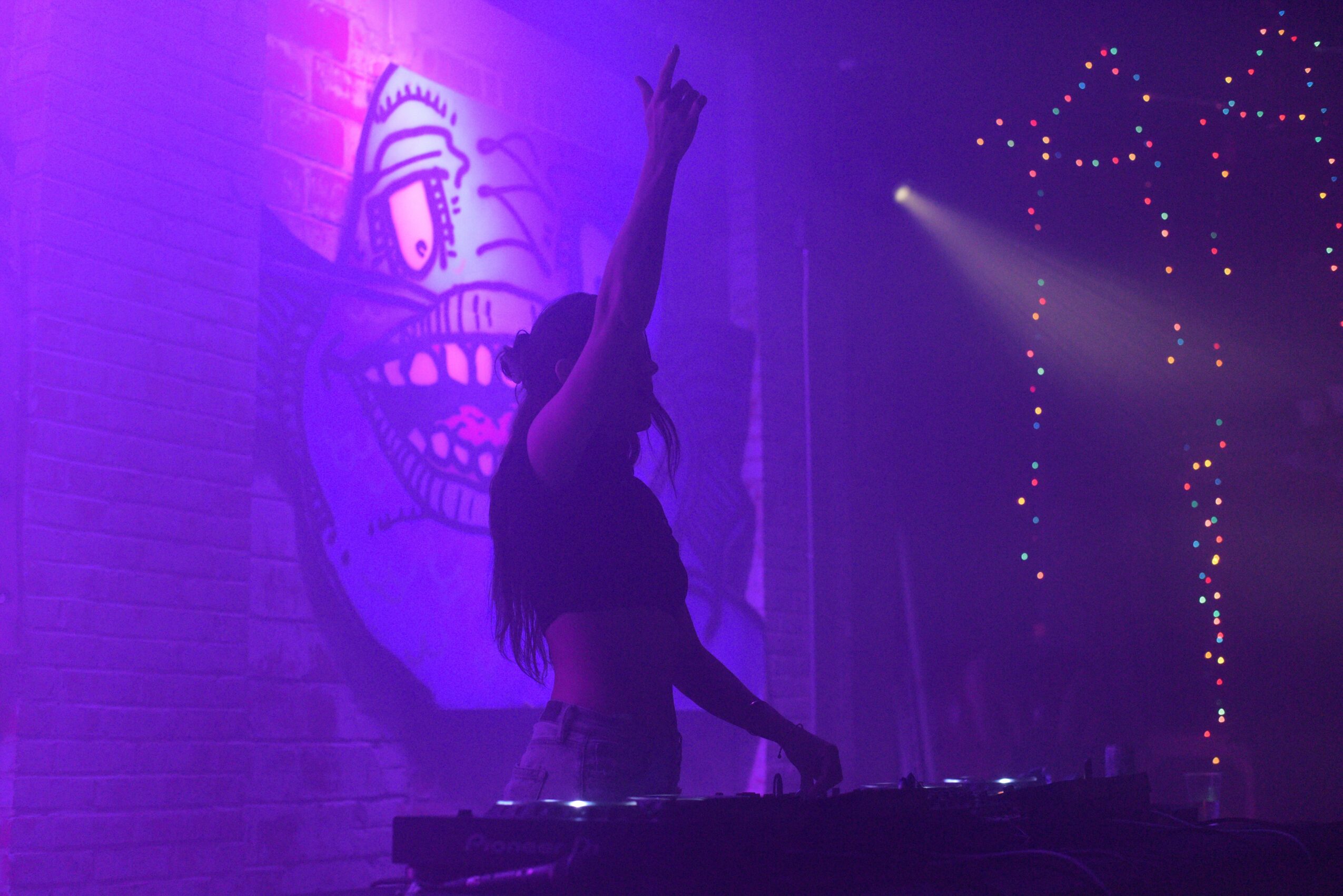 Silhouette of a person with long hair raising an arm, stage with colorful lights and a large clown face mural in background.