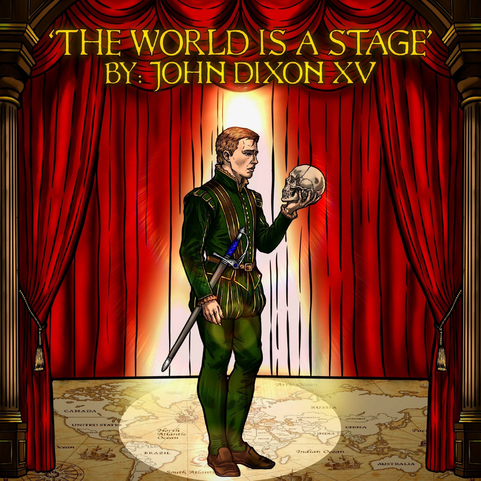 A man in medieval clothing stands on stage holding a skull, with red curtains behind him and a spotlight on the floor.