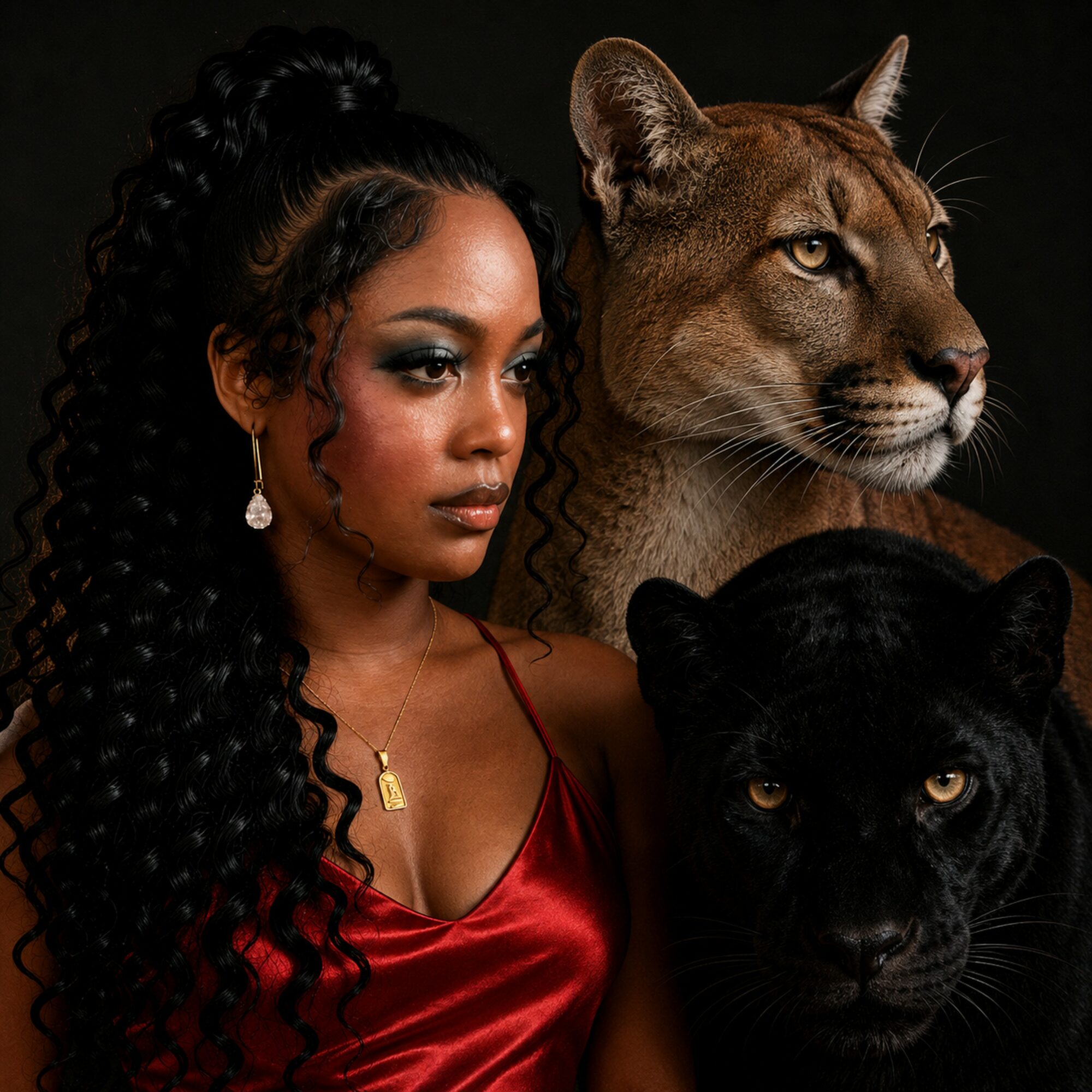 Woman with long curly hair and earrings, with a lion and a black panther behind her, dark background.