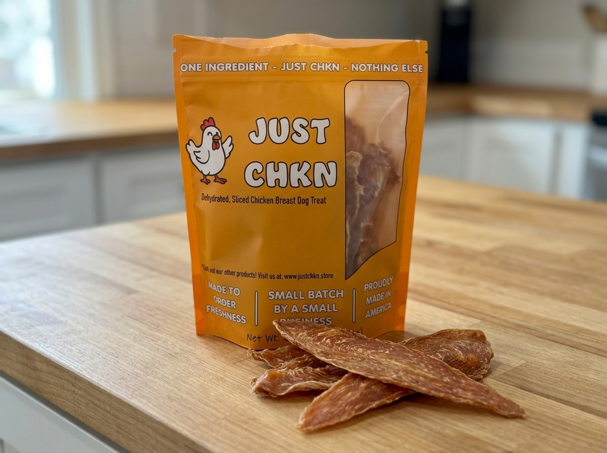 Orange packaging of chicken jerky with three strips in front, on a wooden surface in a kitchen.