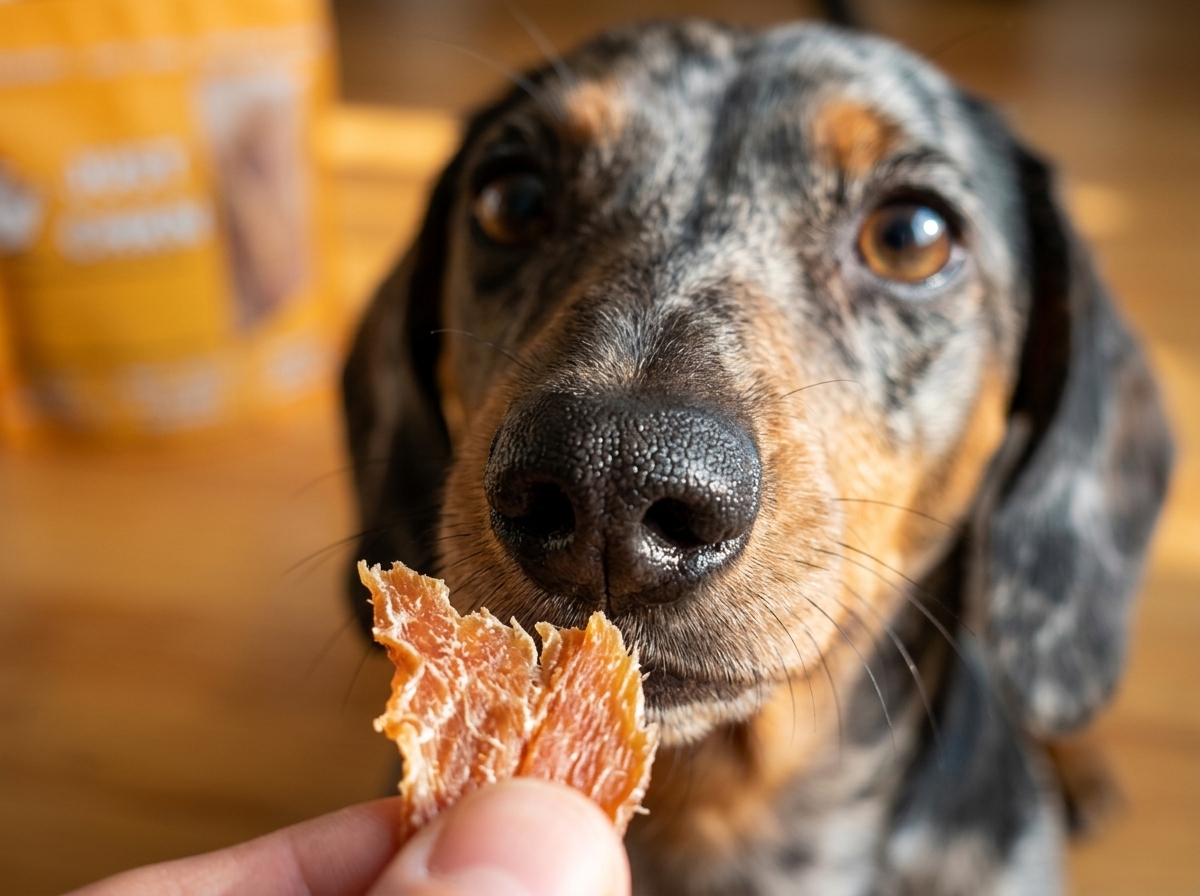 Dachshund dog looking at a piece of food held by a person, with a blurred background.