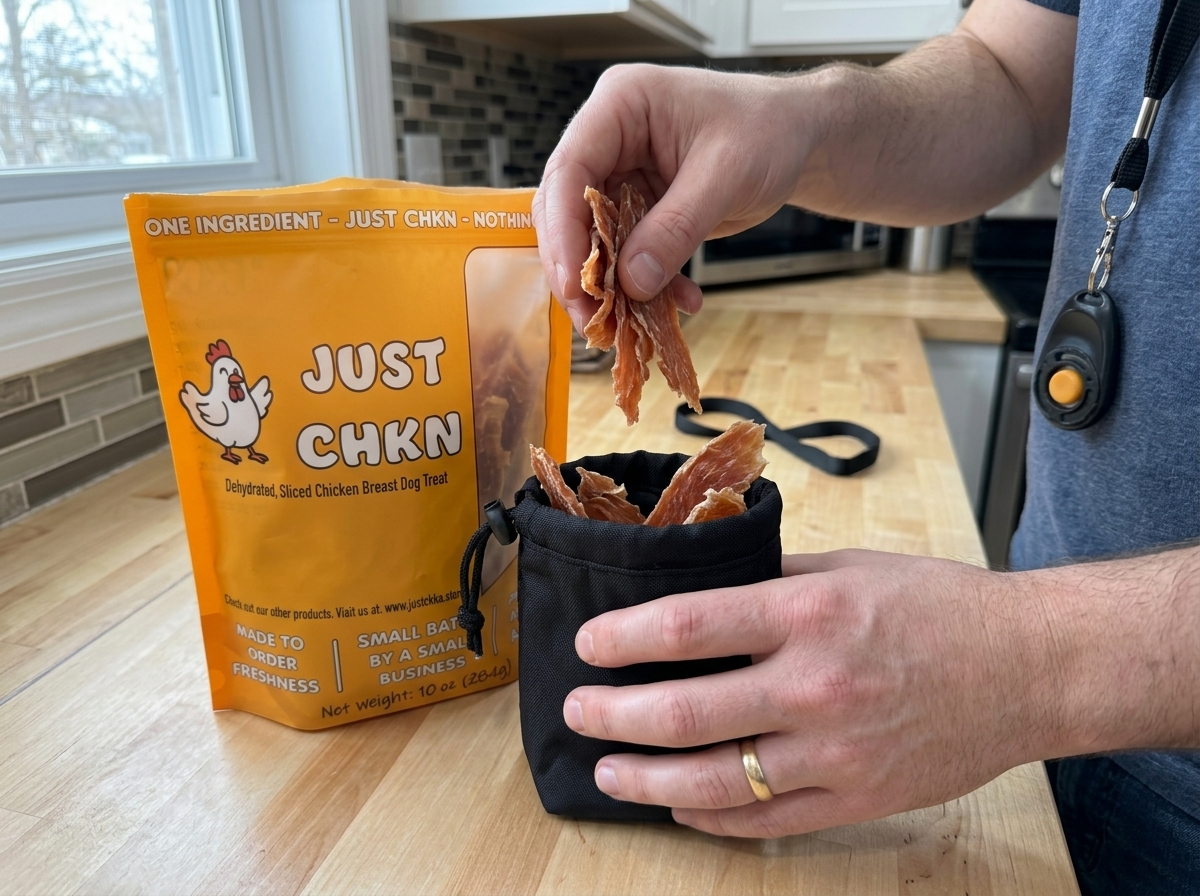 Person placing chicken strips into a black pouch on a kitchen counter, with a bag of Just Chkn chicken strips nearby.