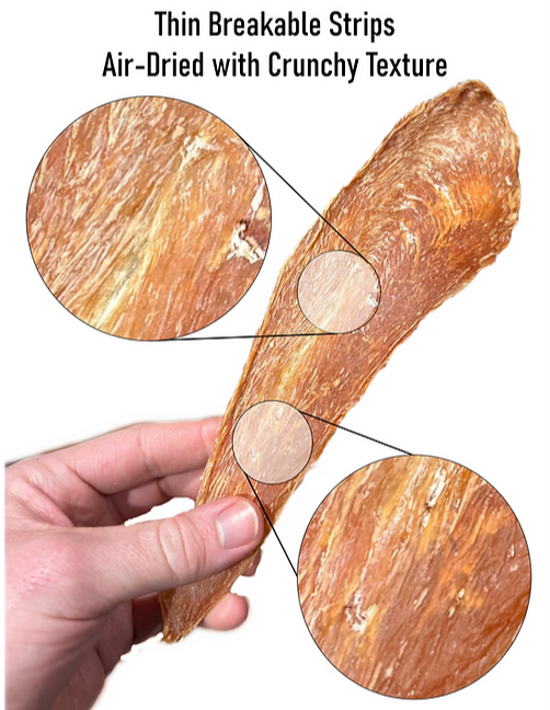 Hand holding a crunchy, textured, dried snack with close-up circles showing its thin, crispy strips surface, labeled as crunchy texture.