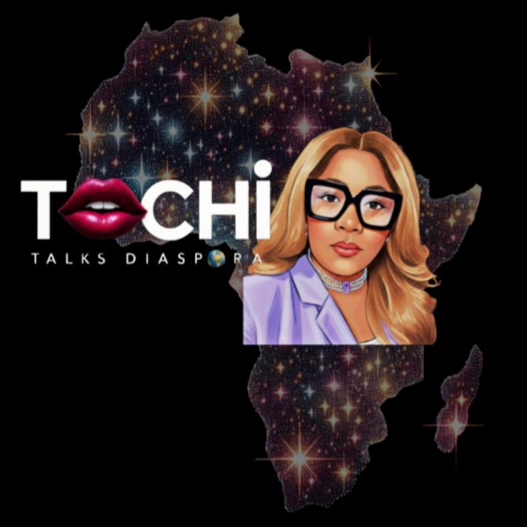 Illustration of a woman with glasses and blonde hair, Africa map with stars, and text about diaspora talks.