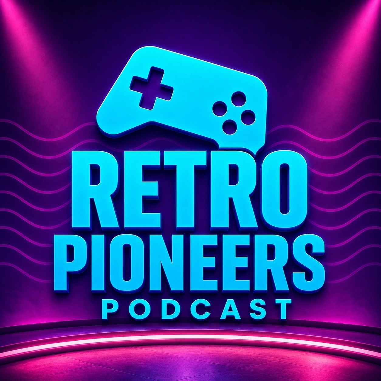 Bright blue gaming controller icon above the text 'RETRO PIONEERS PODCAST' on a dark background with purple lighting.