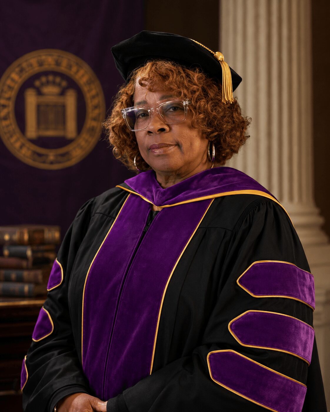 Woman in academic regalia with a purple and black gown, wearing a cap, standing indoors with a university emblem in the background.