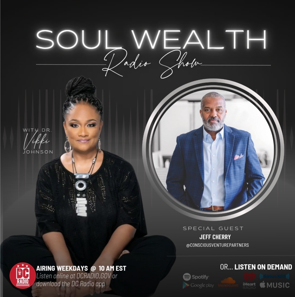 Two people, a woman and a man, are featured in a promotional graphic for a radio show titled 'Soul Wealth.'