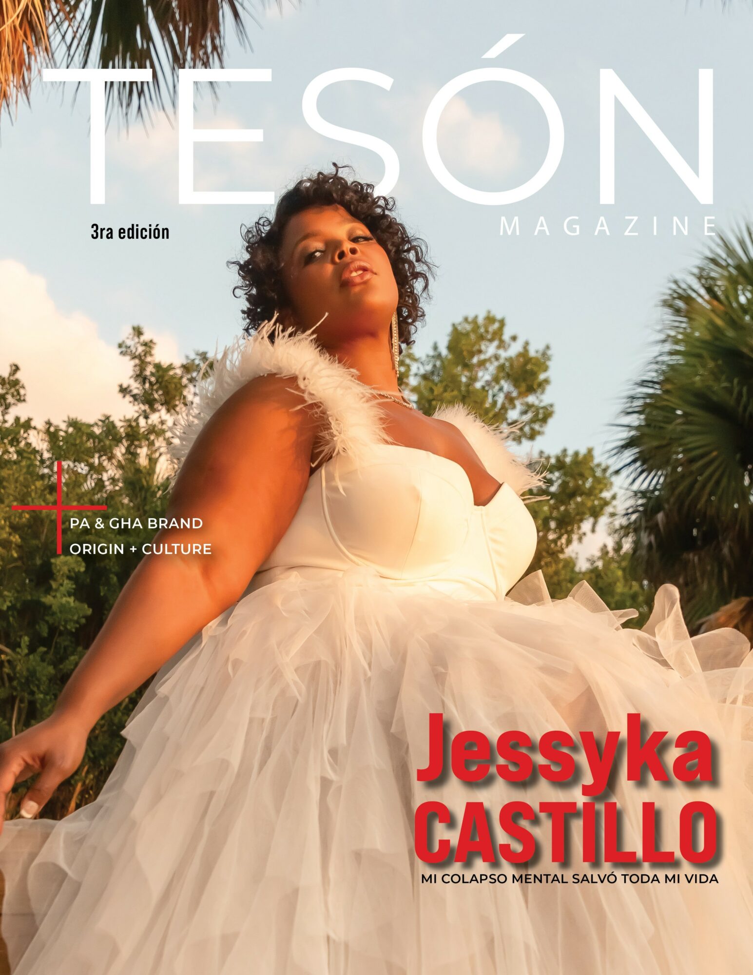 Woman in a white dress outdoors with palm trees, looking upward, sunlight, magazine cover, 20 words, alt_text_word_count: 20, confidence: 0.9