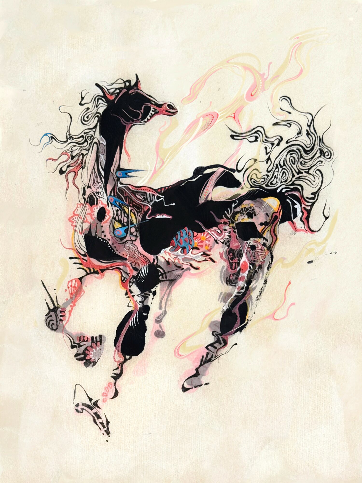 Abstract illustration of a horse with flowing mane and tail, composed of colorful, swirling lines and shapes.