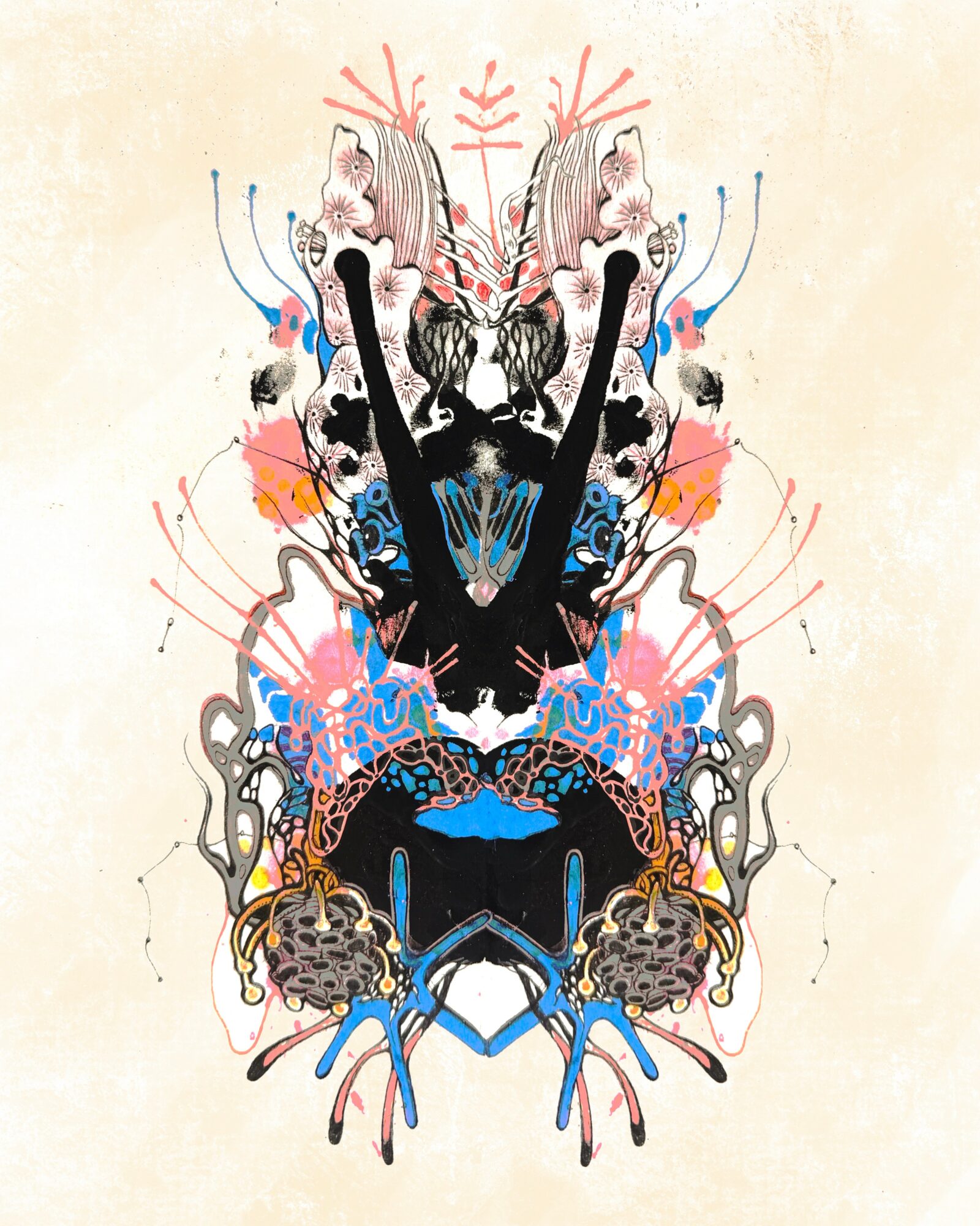 Symmetrical abstract artwork with animal and insect elements, vibrant colors, and intricate patterns.